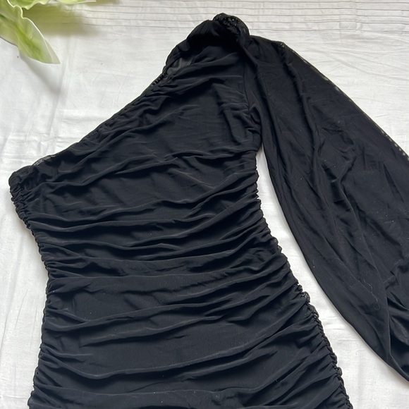 NWT LOGENE One Shoulder Puff Long Sleeve Ruched Bodycon Mini Dress - Picture 6 of 9